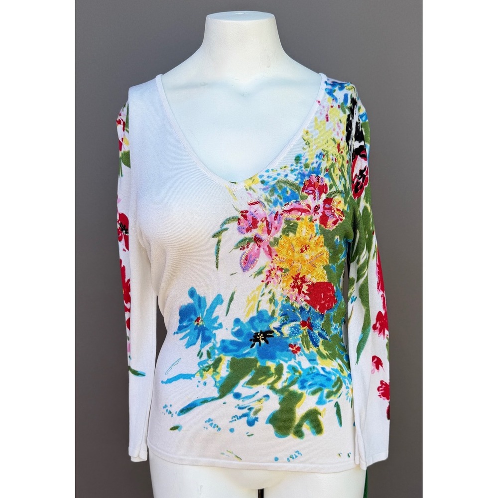 My Favorite Things Colleen Lopez Sweater Small White Floral Sequin Bead Knit